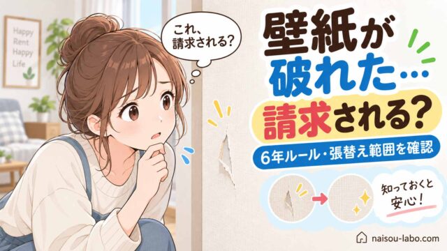 賃貸住宅の壁紙を破ってしまい退去費用を請求されるか心配する女性のイラスト