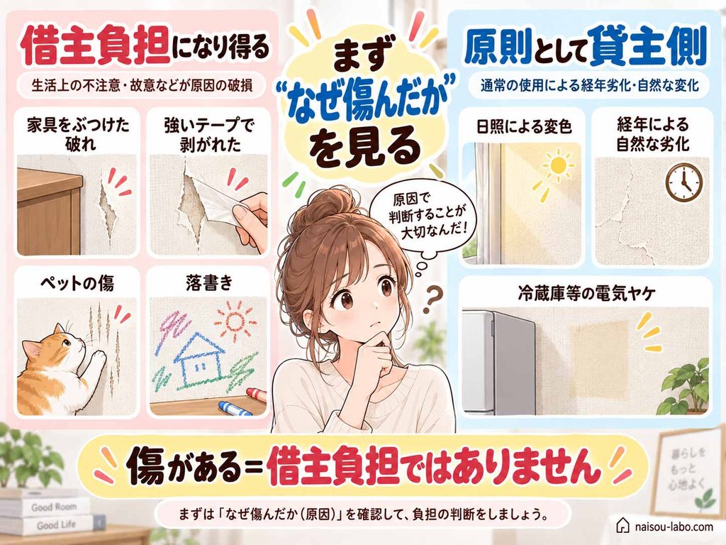 賃貸の壁紙について借主負担になり得る破れと通常損耗・経年変化の違いを示した図