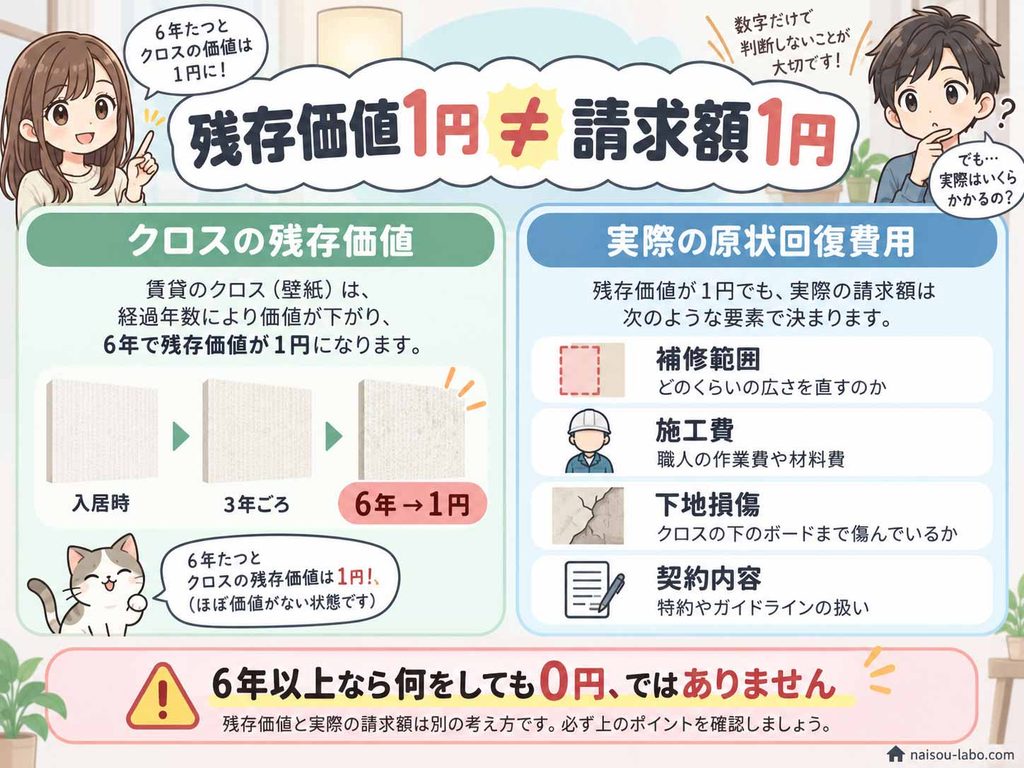 壁紙クロスは6年で残存価値1円でも実際の原状回復費用が必ず1円になるわけではないことを示す図