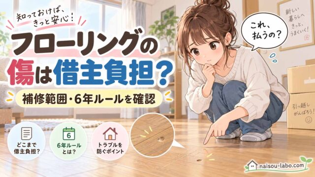 賃貸住宅のフローリングの傷やへこみが借主負担になるか心配する女性のイラスト