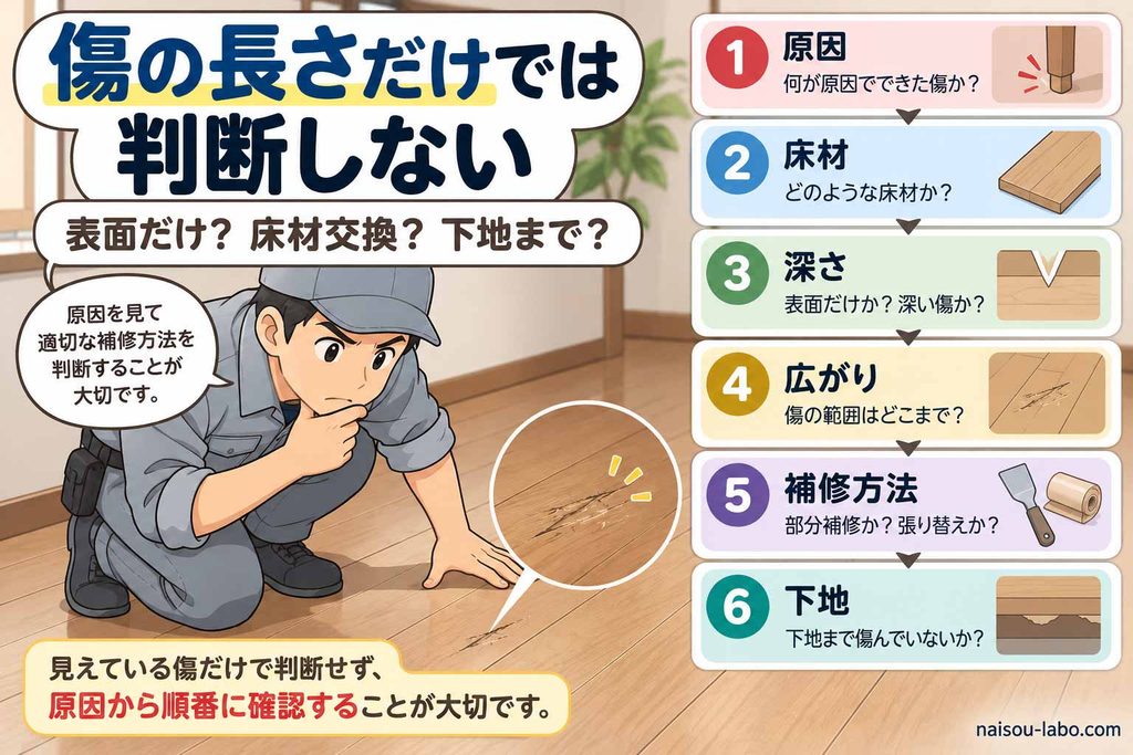 職人がフローリングの傷を原因・床材・深さ・範囲・補修方法・下地から判断する図