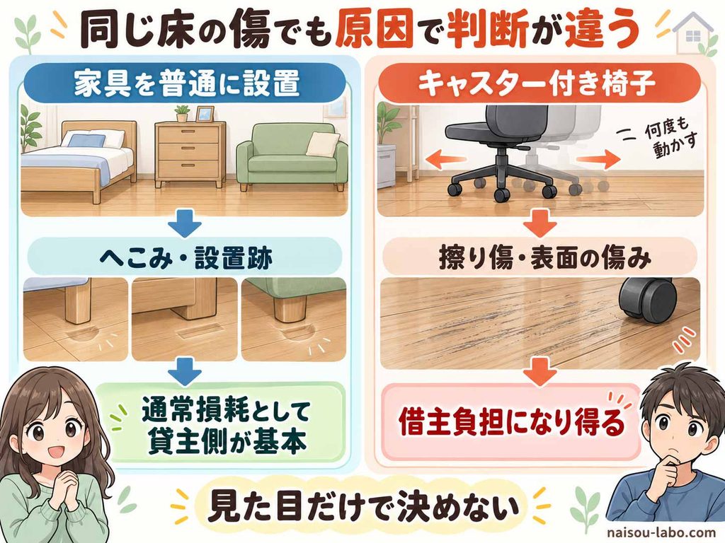 家具の設置によるフローリングのへこみとキャスター付き椅子による傷の負担判断の違いを示す図