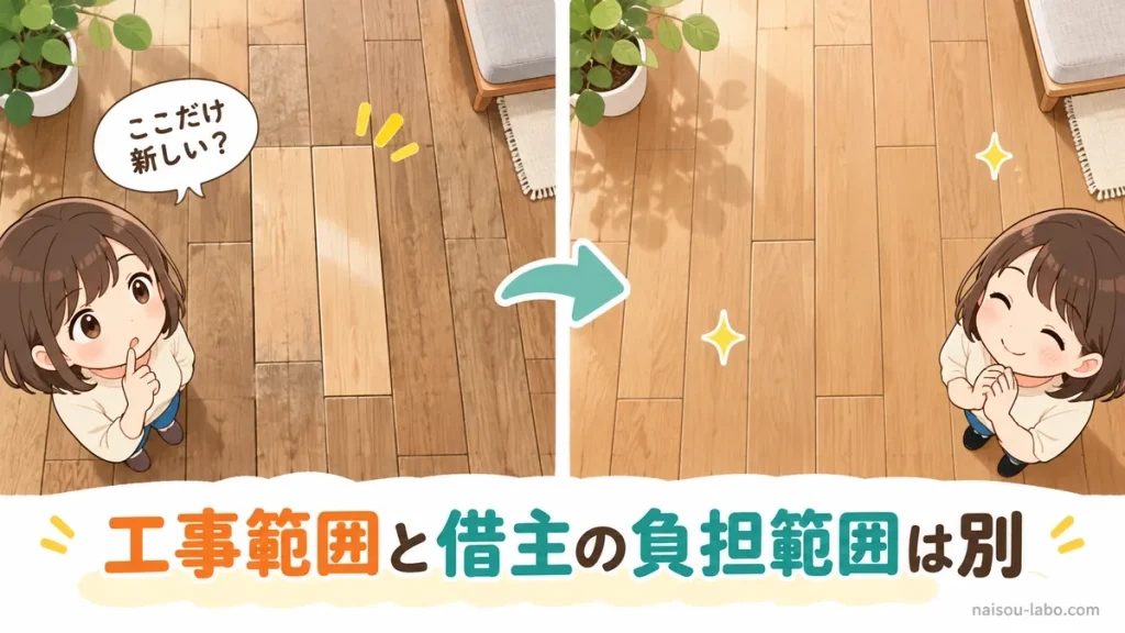 フローリングを一部だけ交換した場合の色艶の違いと工事範囲・借主負担範囲の違い