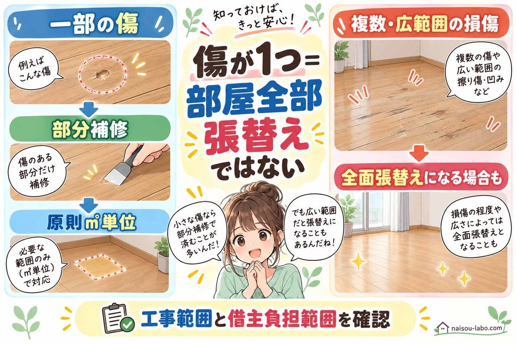 フローリングの一部損傷の部分補修と広範囲損傷による全面張替えの違いを示した図