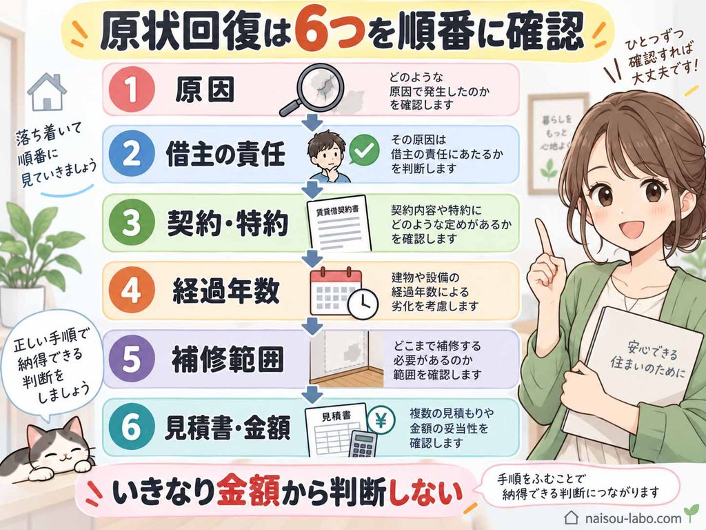 原状回復を原因・責任・契約・経過年数・補修範囲・見積金額の順で判断する6ステップ図