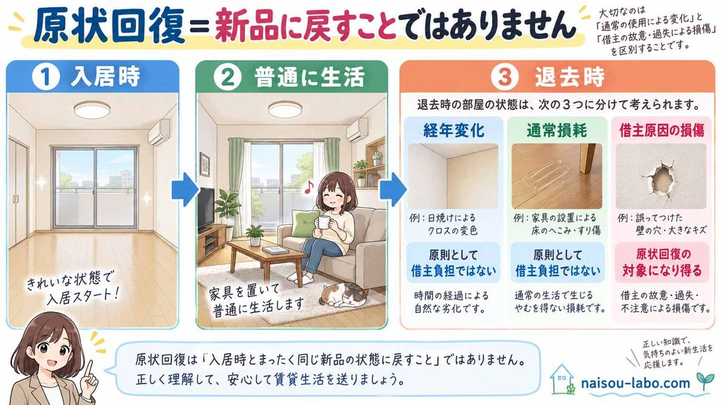 賃貸の原状回復は入居時の新品状態に戻すのではなく通常損耗などを除いて判断することを示す図