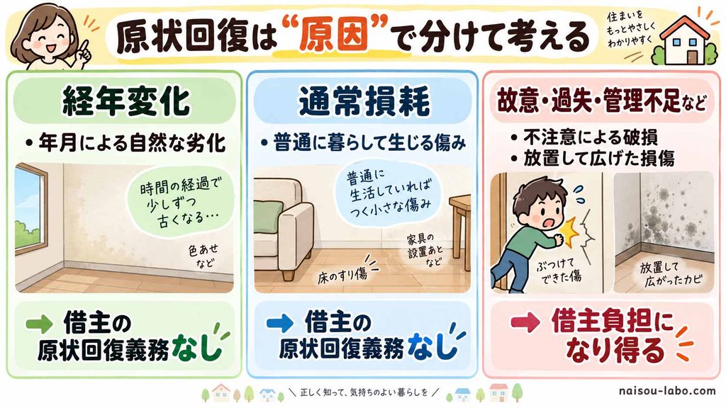 賃貸の原状回復を経年変化・通常損耗・故意過失などの3種類に分けた図