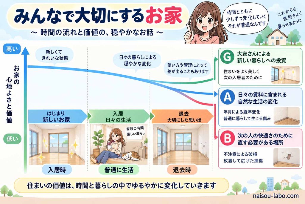 賃貸住宅において時間の経過と共に住まいの心地よさと価値が変化することのイメージ