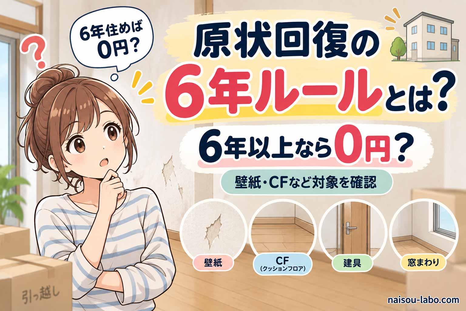 賃貸の原状回復6年ルールで6年以上なら退去費用が0円になるのか疑問を持つ女性のイラスト