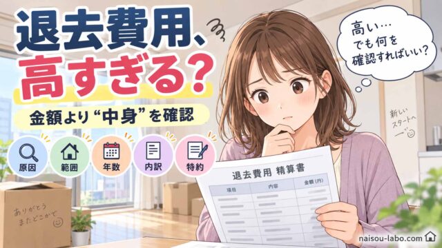 高い退去費用の見積書を見て請求内容の確認ポイントを考える女性のイラスト
