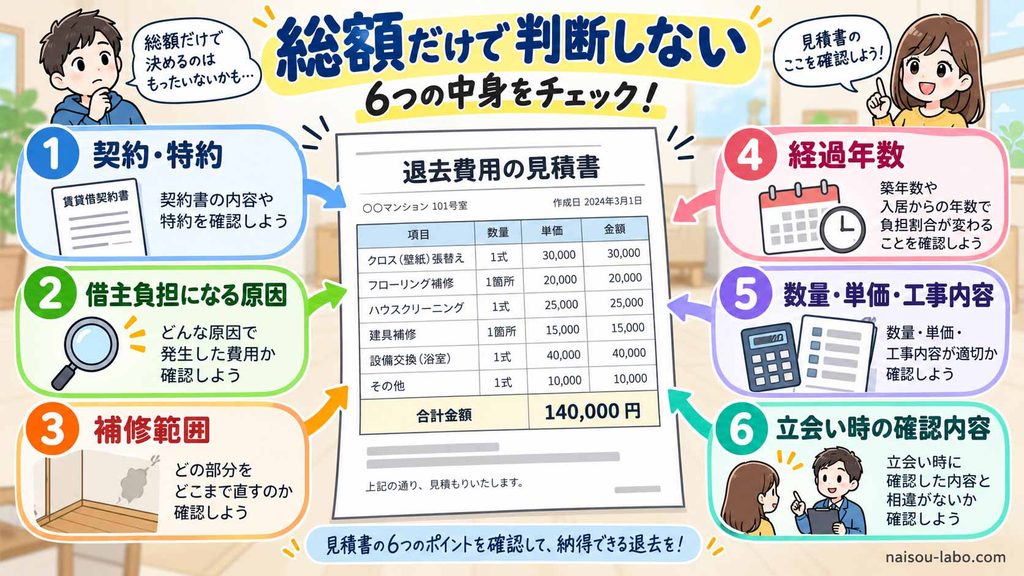 退去費用が高いと感じたときに契約・原因・範囲・年数・内訳・立会い内容を確認する図