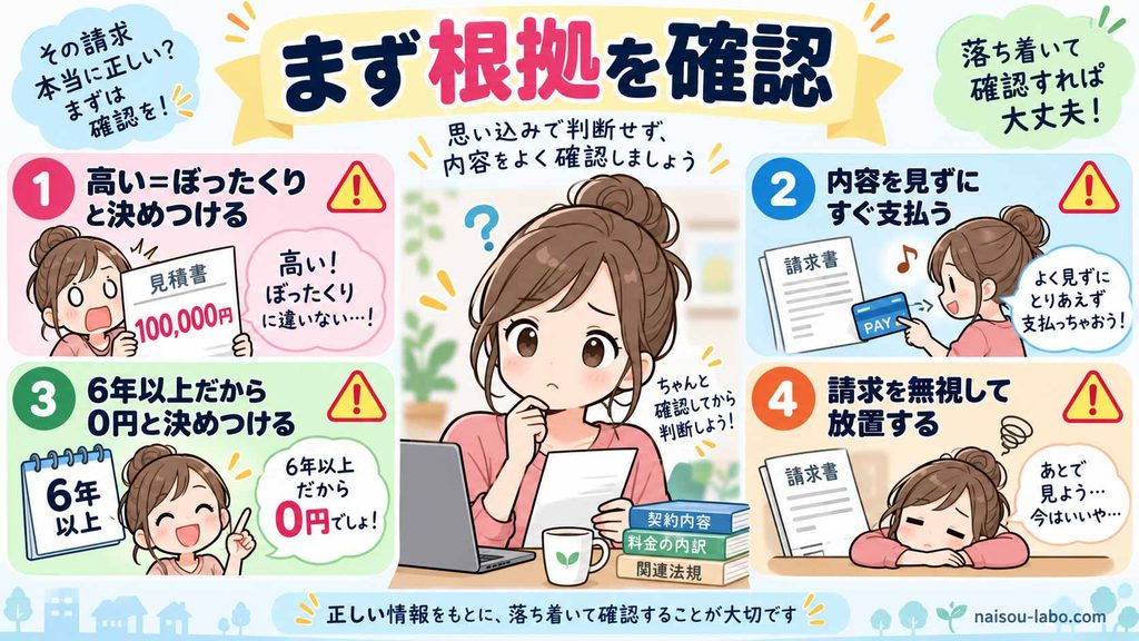 高い退去費用を見たときに決めつけ・即支払い・6年ルールの誤解・放置を避ける注意図