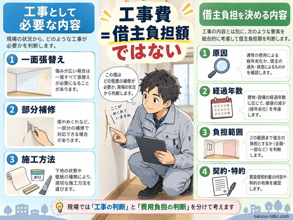 原状回復工事に必要な費用と借主が負担する金額は別に判断することを示した職人目線の図