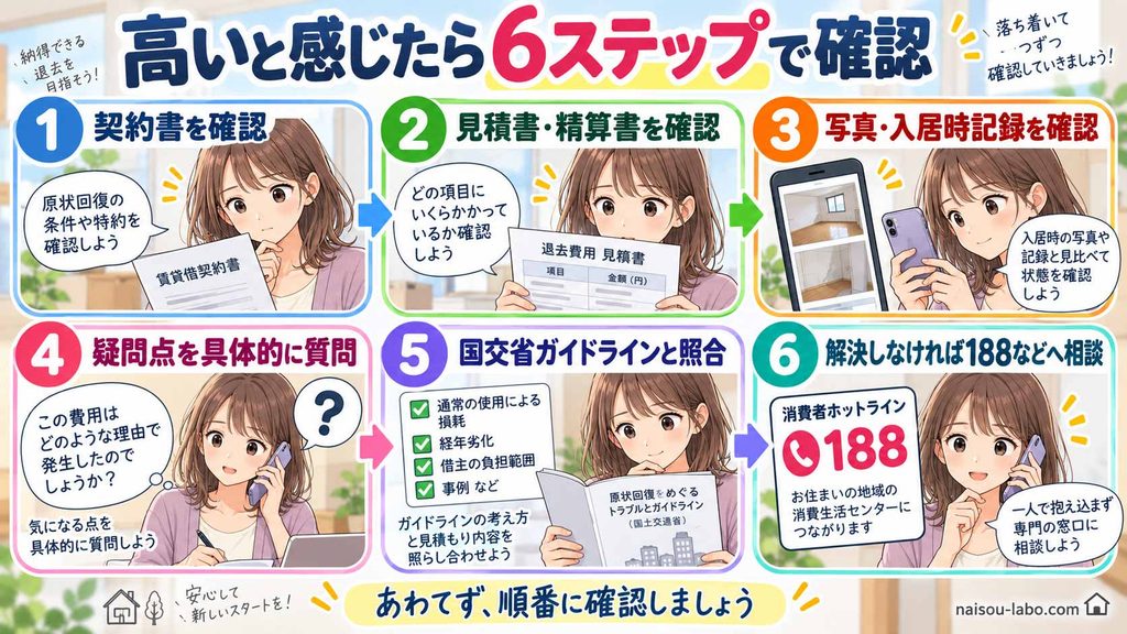 高額な退去費用に納得できないときに契約書確認から消費生活センター相談まで進める6ステップ図