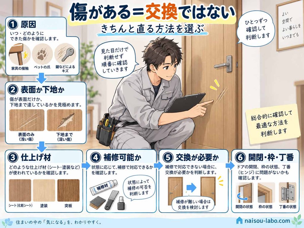 職人が室内ドアの原因・下地・仕上げ・補修可否・交換・建付けを確認する図