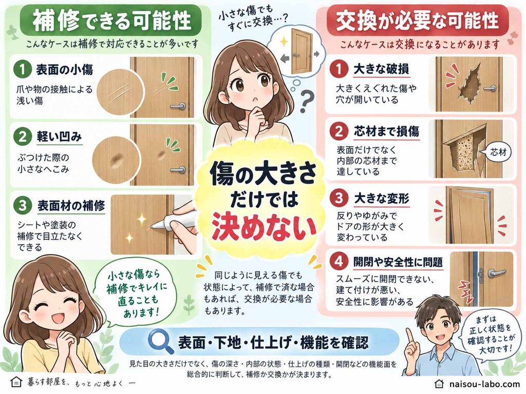 室内ドアの傷を部分補修できるケースとドア交換が必要になる可能性があるケースの比較図