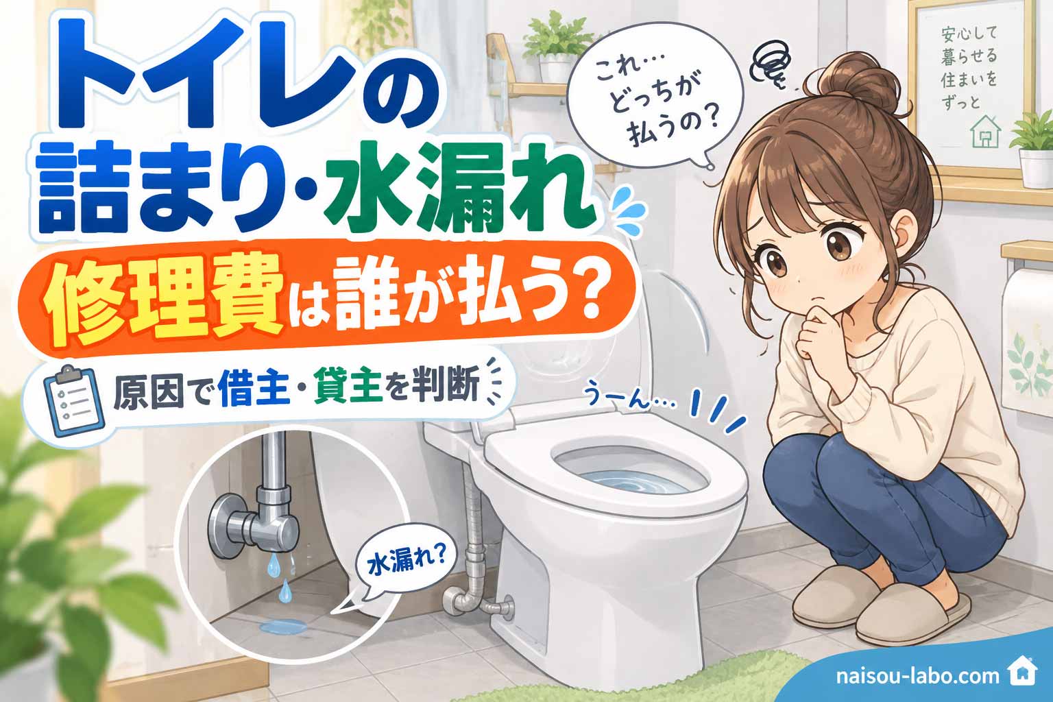 賃貸トイレの詰まりや水漏れの修理費が借主と貸主のどちらの負担か疑問を持つ女性のイラスト