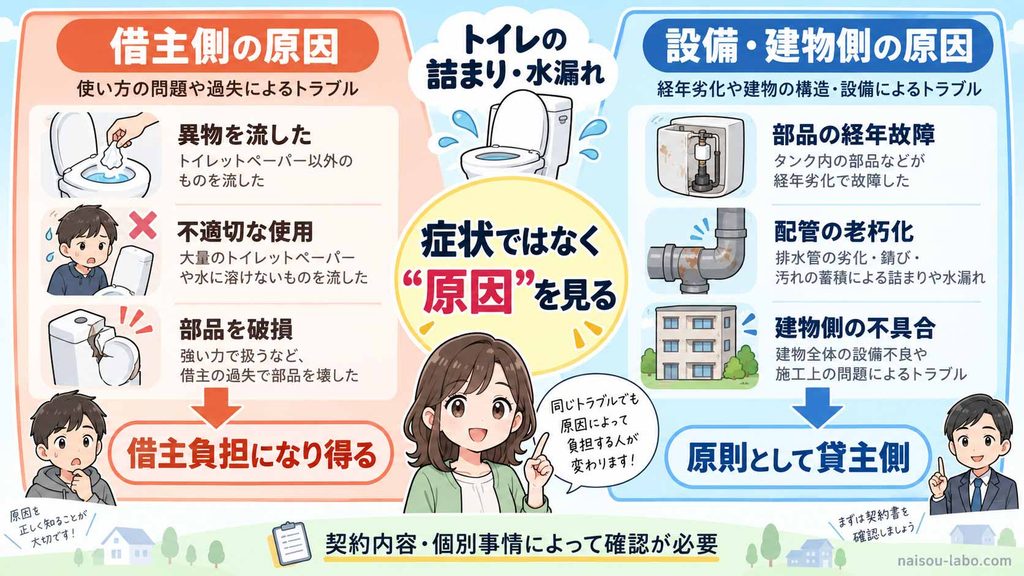 賃貸トイレの詰まりや水漏れを借主原因と設備・建物側原因に分けて修理費負担を判断する図