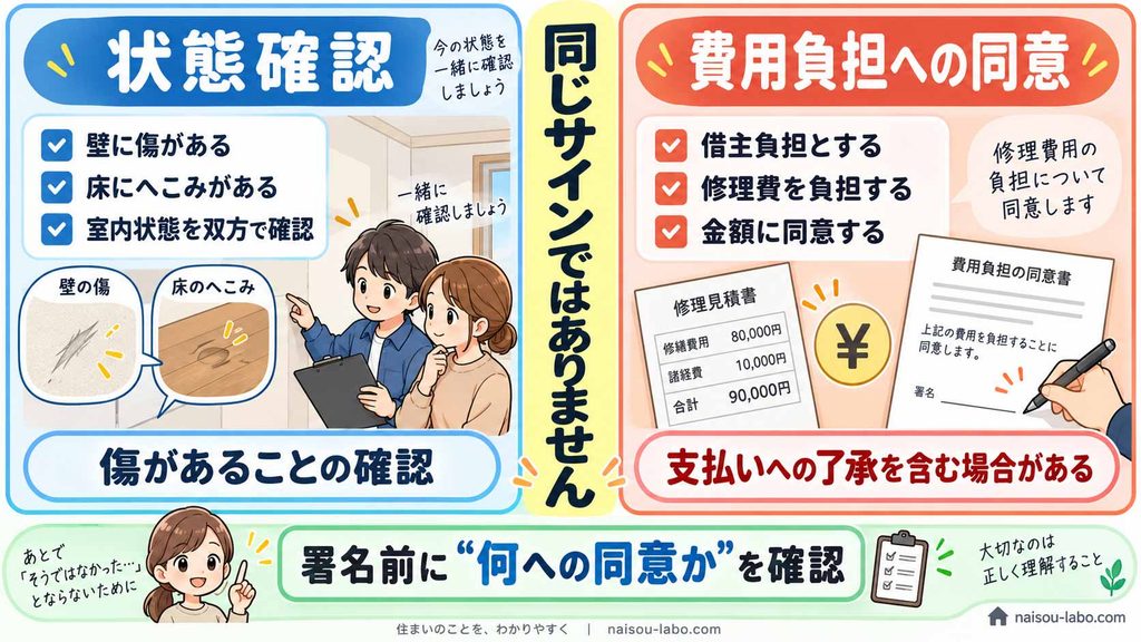 退去立会いの状態確認サインと原状回復費用負担への同意の違いを示した比較図