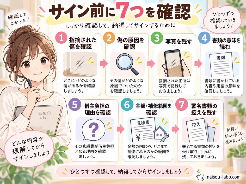 退去立会いでサインする前に確認する傷・原因・写真・書類・費用など7項目のチェックリスト