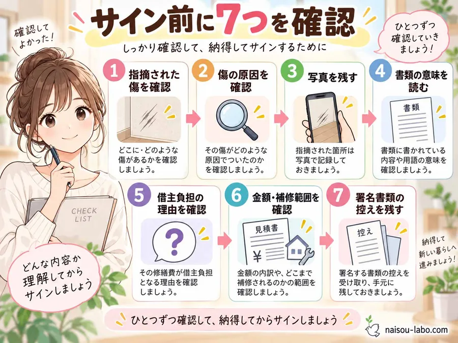 退去立会いでサインする前に確認する傷・原因・写真・書類・費用など7項目のチェックリスト