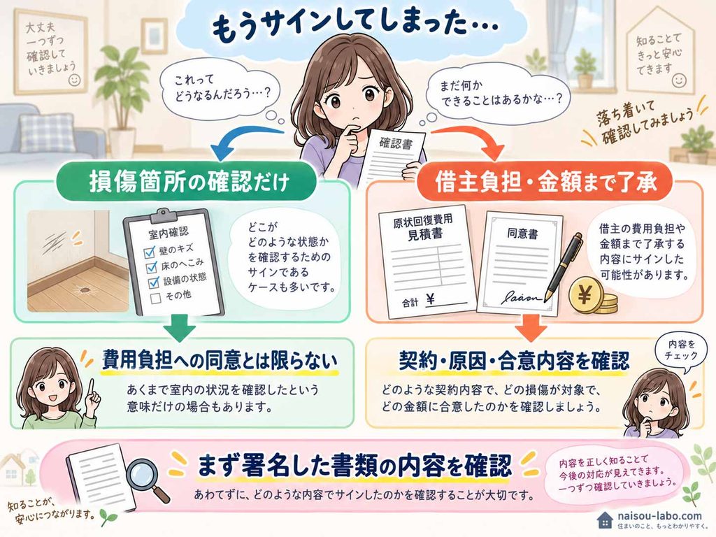 退去立会いでサイン済みの場合に状態確認か費用負担への同意かを確認する分岐図