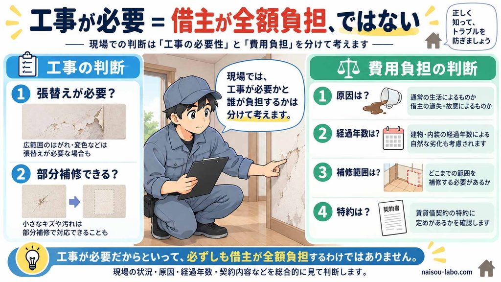 職人が原状回復工事の必要性と借主の費用負担を別に判断することを示した図