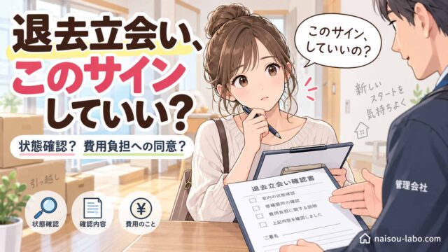 賃貸の退去立会いで確認書へのサイン前に内容を確認する女性のイラスト