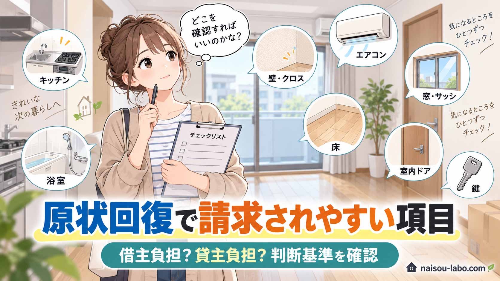 賃貸の原状回復で請求されやすい壁紙・床・水回り・設備などを確認する記事のアイキャッチ画像