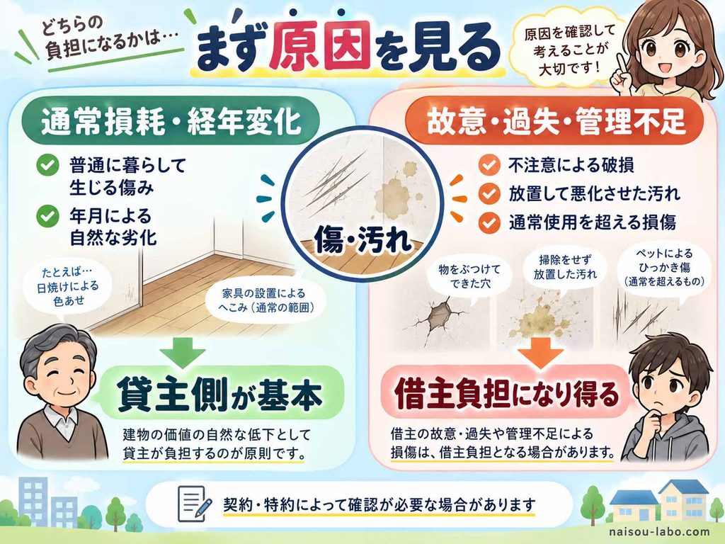 原状回復の傷や汚れを通常損耗・経年変化と故意過失・管理不足に分けて負担を判断する図