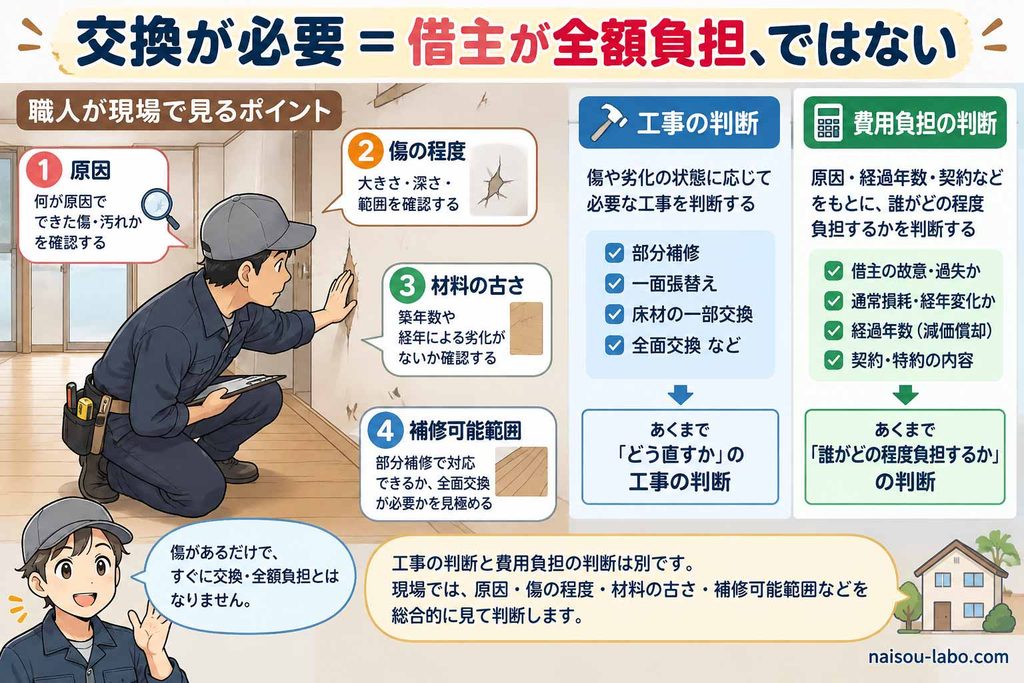 職人が原状回復の原因・傷の程度・材料の古さ・補修範囲を確認し工事と費用負担を分けて判断する図