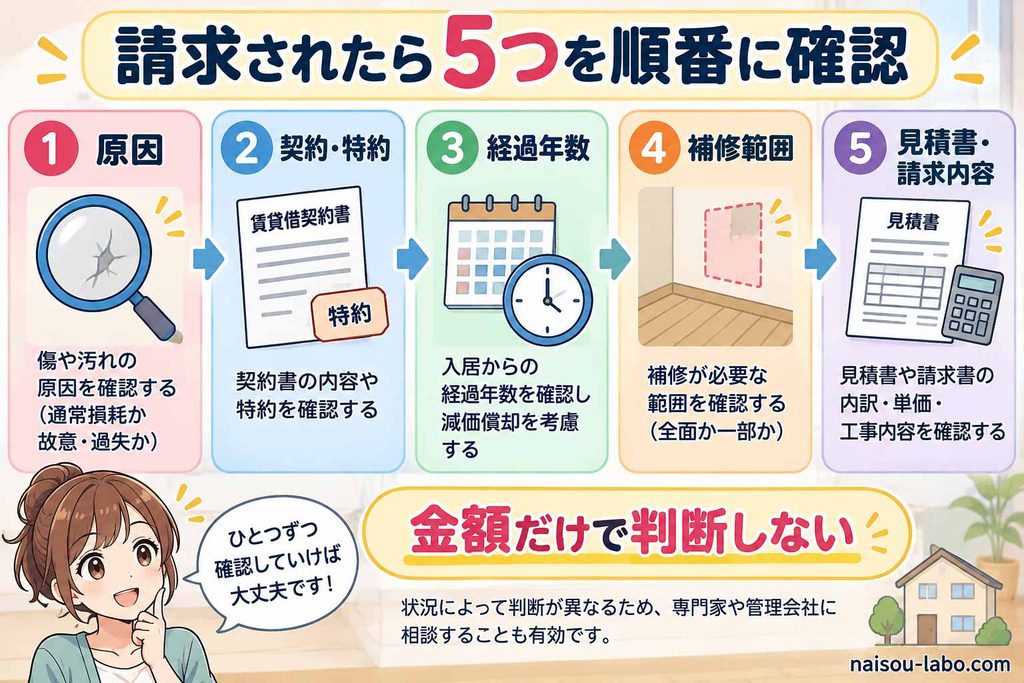 原状回復費用を原因・契約・経過年数・補修範囲・見積書の順で確認する5ステップ図
