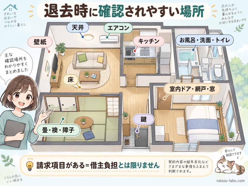 賃貸退去時に確認されやすい壁紙・床・水回り・設備・建具などを部屋全体で示した図