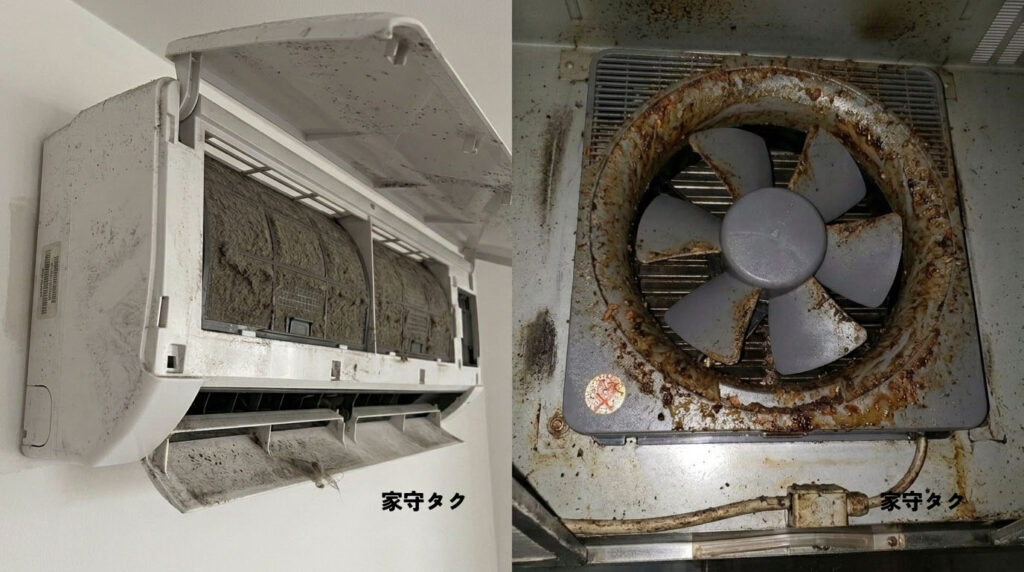 エアコンの清掃不足による不調、換気扇の清掃不足による油汚れの蓄積の写真