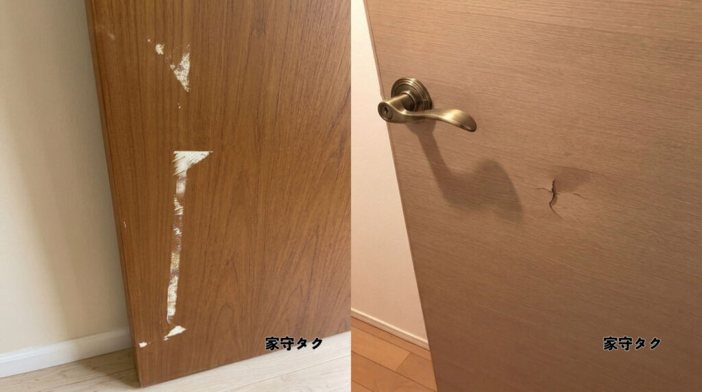 賃貸物件で撮影された室内ドアの凹みや、テープを無理矢理剥がしたことによる表面の剥がれ跡の写真