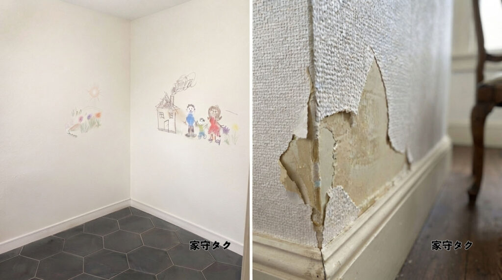 壁の落書きや壁紙のめくれ、破れの写真