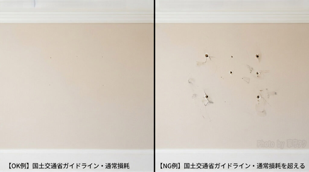 壁の画鋲跡、OK例とNG例の比較