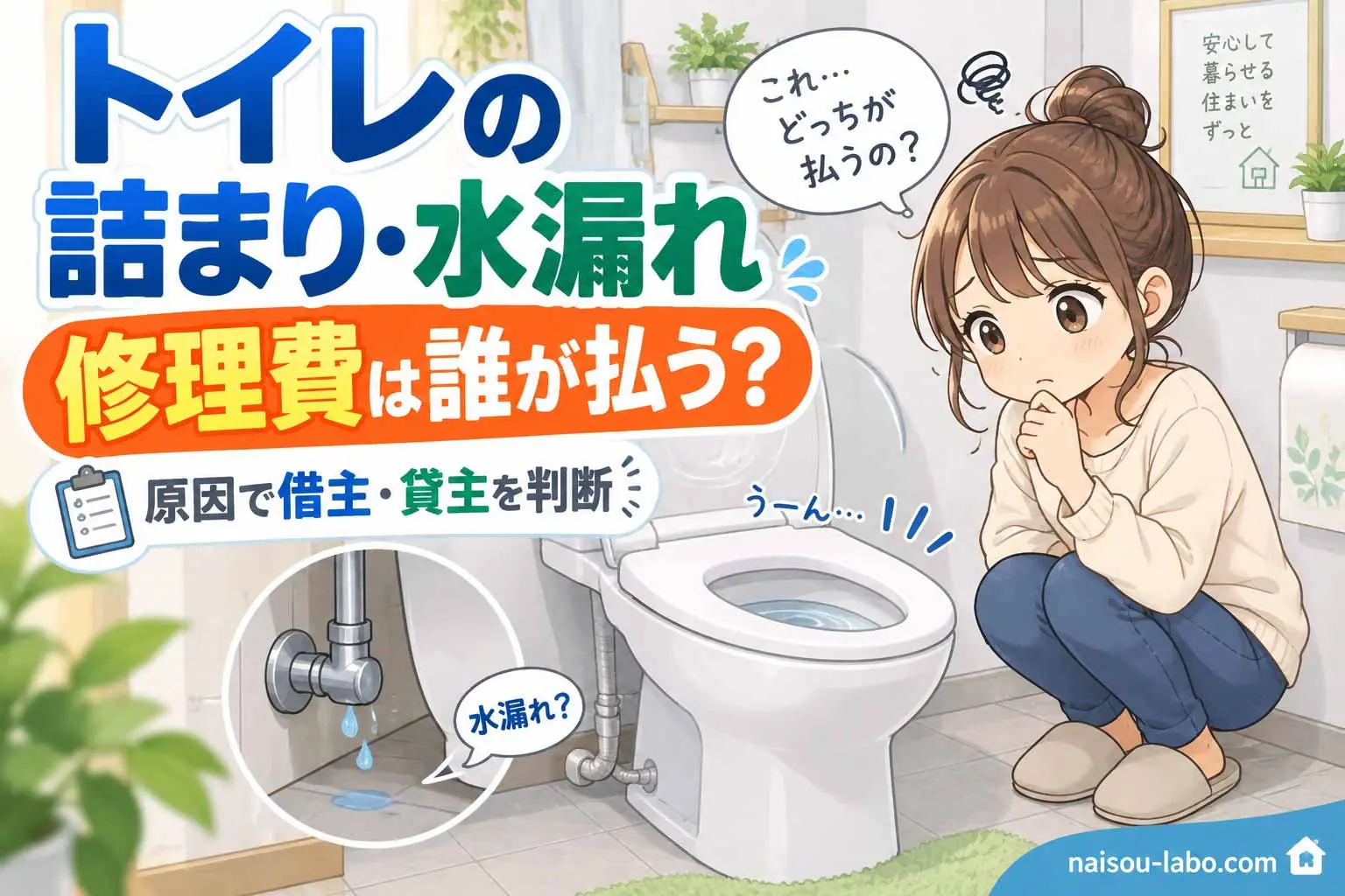 賃貸トイレの詰まりや水漏れの修理費が借主と貸主のどちらの負担か疑問を持つ女性のイラスト