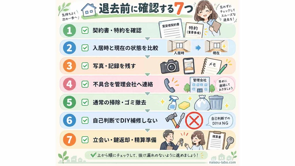 契約書確認から退去立会いまで賃貸の退去前に確認する7項目を示したチェックリスト図