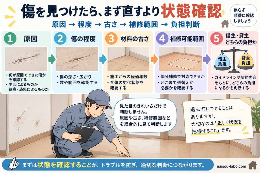 職人が退去時の傷を原因・程度・材料の古さ・補修範囲・費用負担の順で確認することを示した図