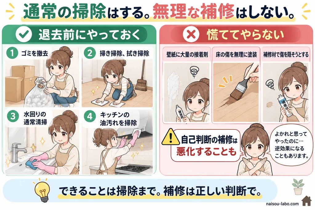 退去前は通常の掃除を行い自己判断による無理なDIY補修を避けることを示した比較図