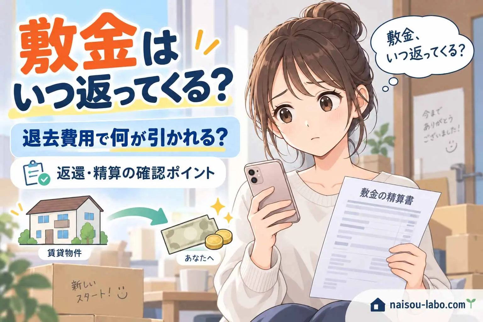 賃貸退去後に敷金がいつ返還されるのか精算書を見ながら確認する女性のイラスト