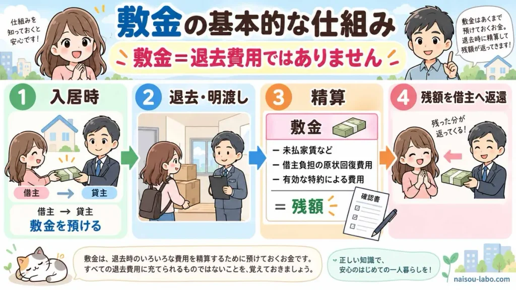 賃貸の敷金から未払家賃や借主負担の原状回復費用を差し引き残額を返還する仕組みの図