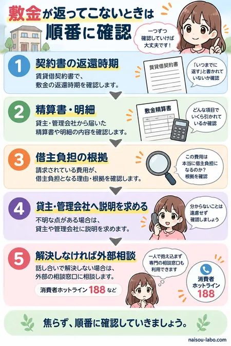退去後に敷金が返ってこない場合に契約書・精算書・負担根拠・貸主への確認・外部相談の順で対応する5ステップ図