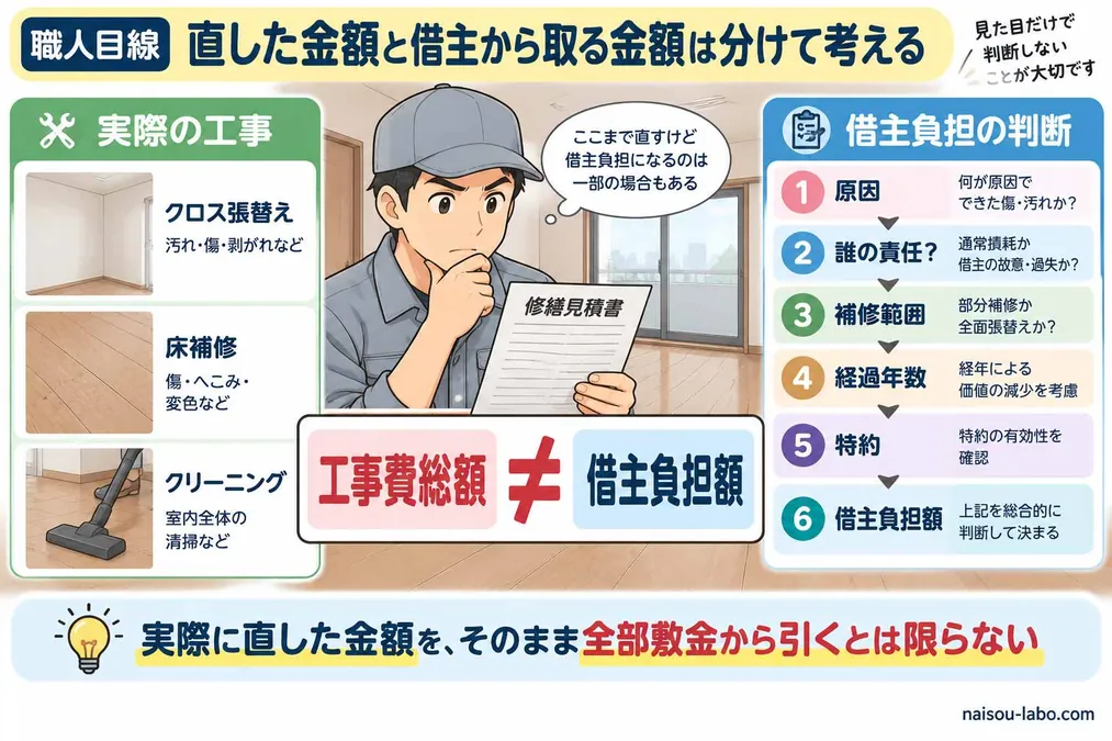 職人が実際の原状回復工事費と敷金から差し引く借主負担額を分けて判断する図