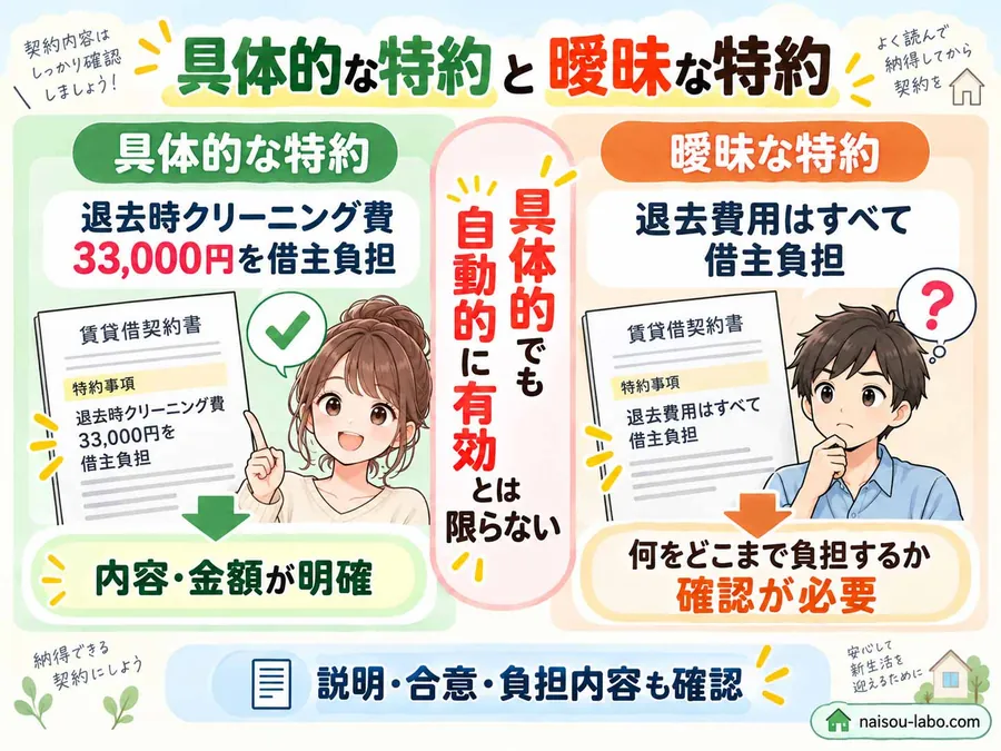 具体的な原状回復特約と曖昧な特約を比較して有効性の確認ポイントを示した図