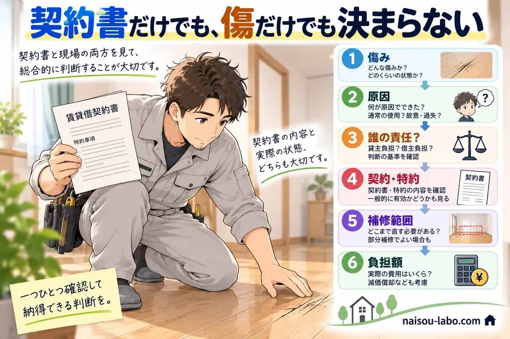職人が原状回復を傷み・原因・責任・特約・補修範囲・負担額の順に確認する図