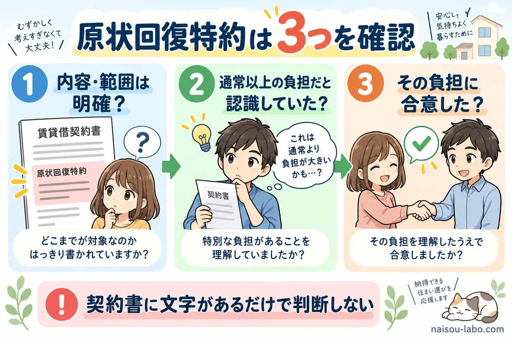 原状回復特約について内容の明確さ・借主の認識・合意を確認する3ポイントの図