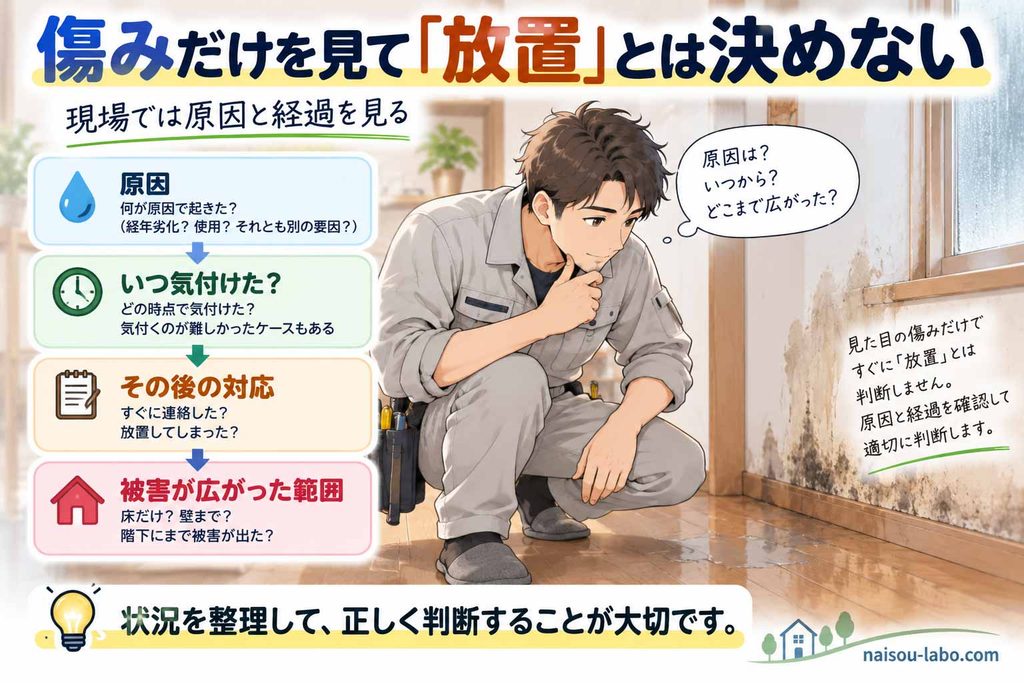 現場の職人が水漏れによる傷みの原因・発見時期・対応・被害範囲を確認する職人目線の図