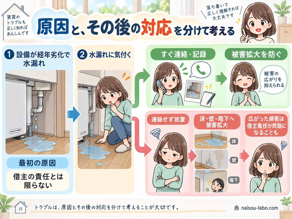 設備の水漏れ原因と放置によって広がった損害を分けて考える善管注意義務の図